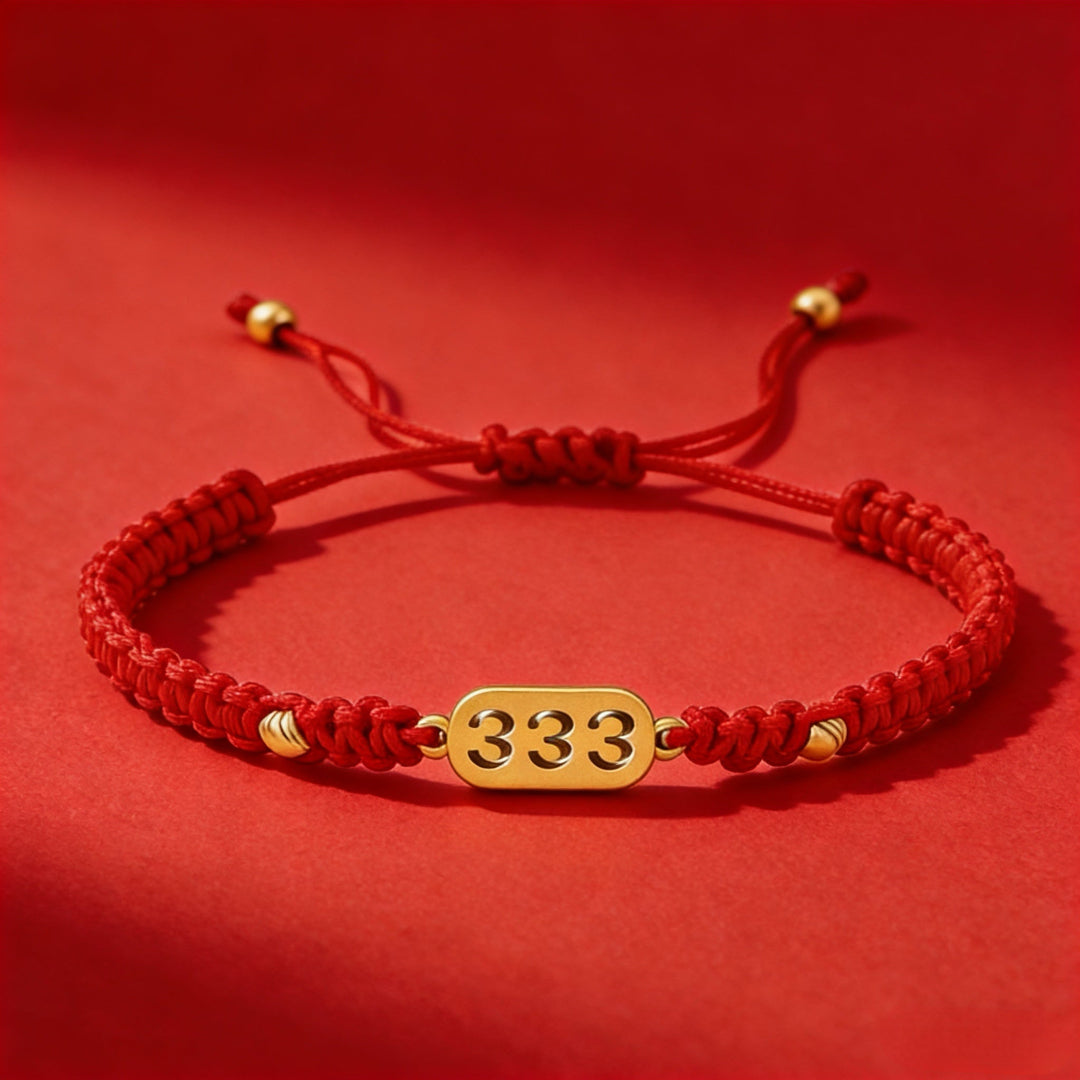 333 angel number red string bracelet support growth intention cord — bead & charm detail | BuddhaManifest™