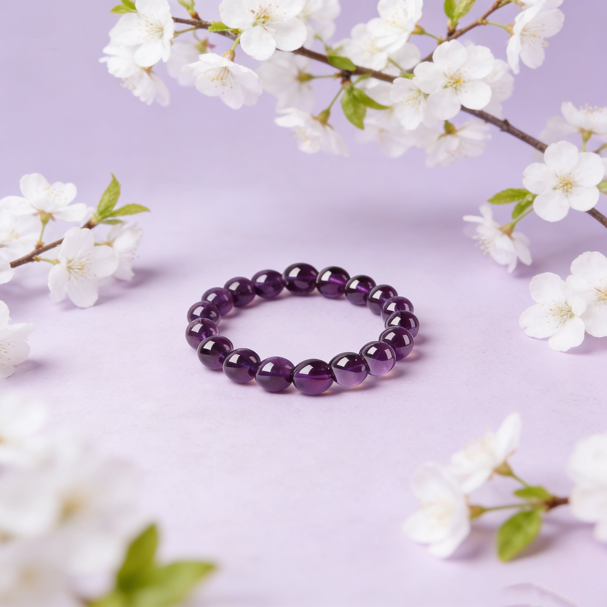 Amethyst healing crystal bracelet calm clarity purple stone jewelry — macro stone texture | BuddhaManifest™