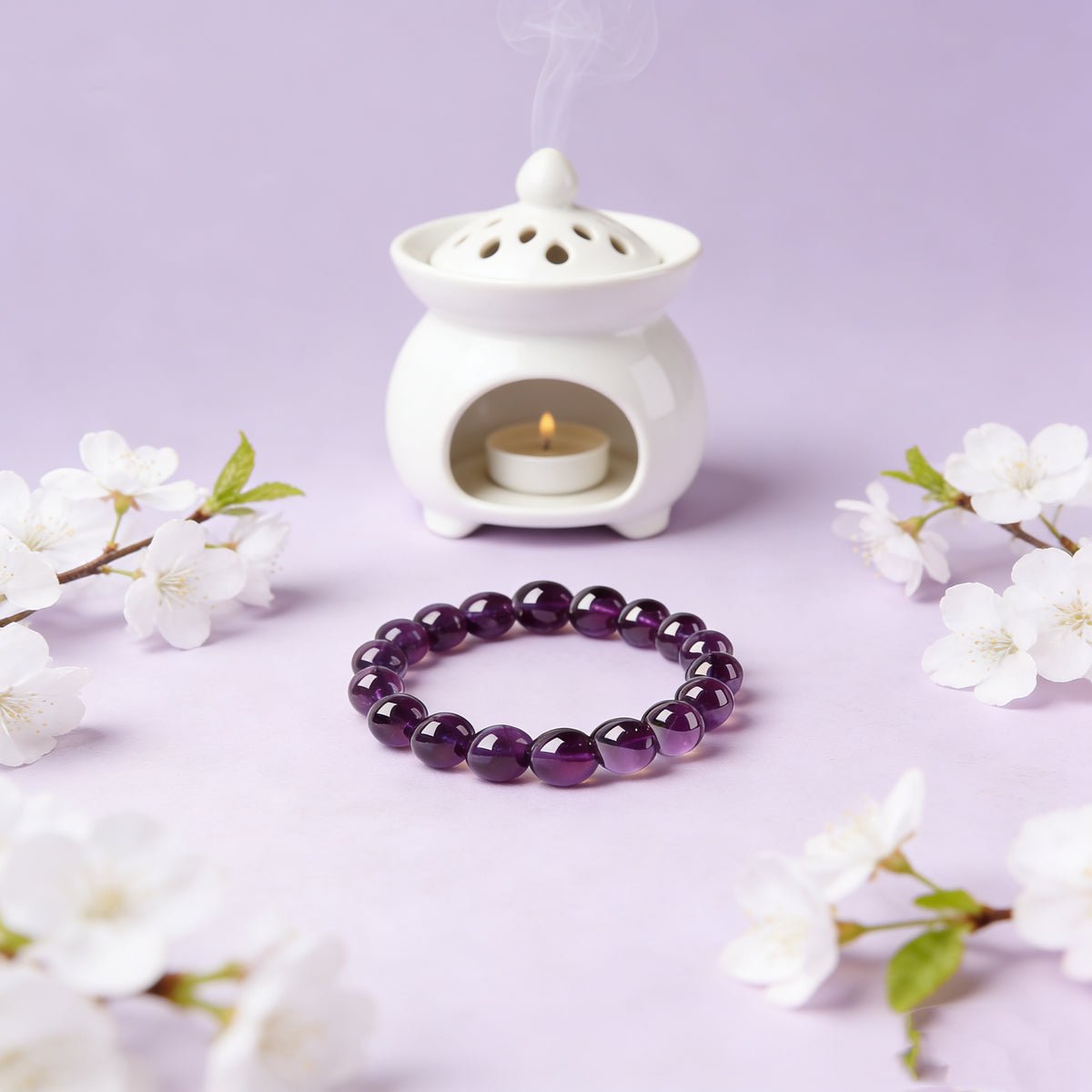 Amethyst healing crystal bracelet calm clarity purple stone jewelry — flatlay front view | BuddhaManifest™ Main image