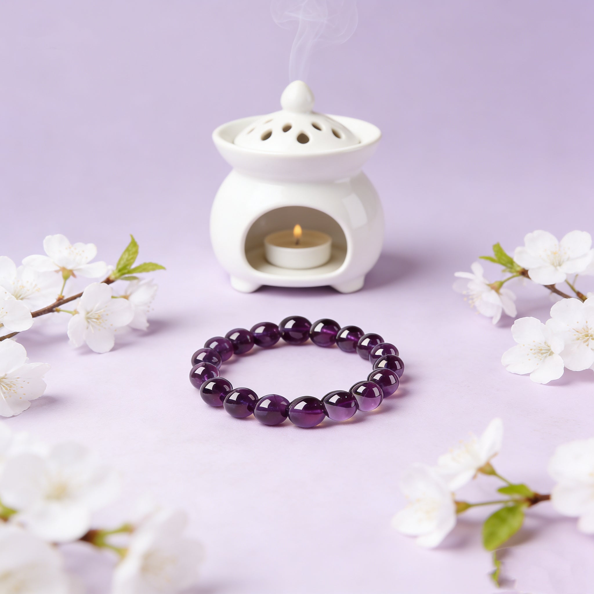 Amethyst healing crystal bracelet calm clarity purple stone jewelry — flatlay front view | BuddhaManifest™