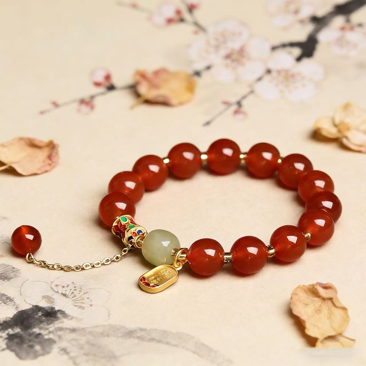 Red agate nephrite jade vitality protection stretch intention bracelet — on-wrist lifestyle | BuddhaManifest™