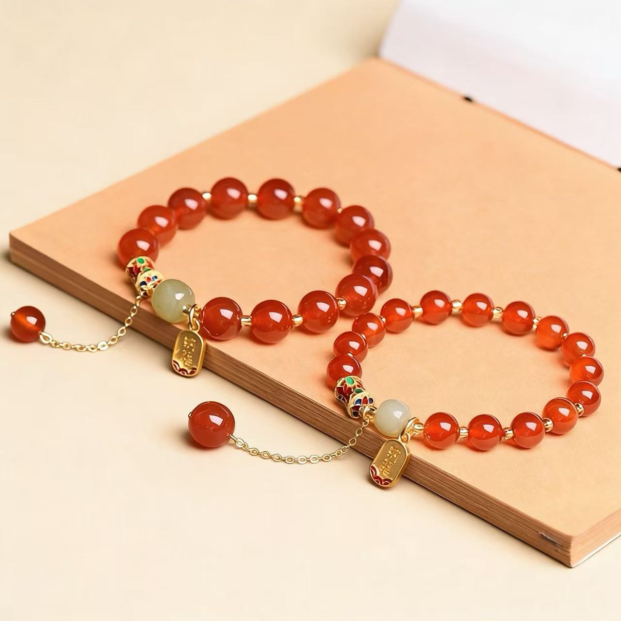Red agate nephrite jade vitality protection stretch intention bracelet — on-wrist lifestyle | BuddhaManifest™