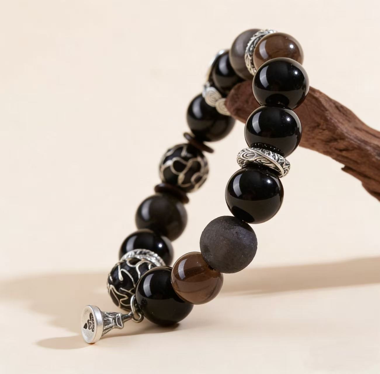 Obsidian thunder-struck wood protection bracelet grounding talisman jewelry — bead & charm detail | BuddhaManifest™