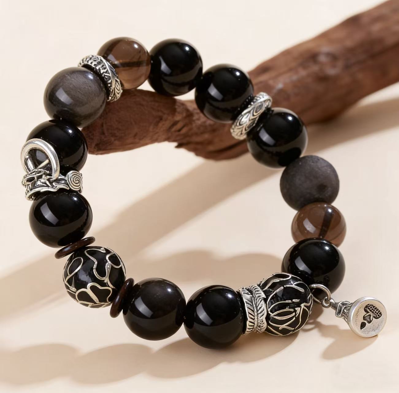 Obsidian thunder-struck wood protection bracelet grounding talisman jewelry — on-wrist lifestyle | BuddhaManifest™