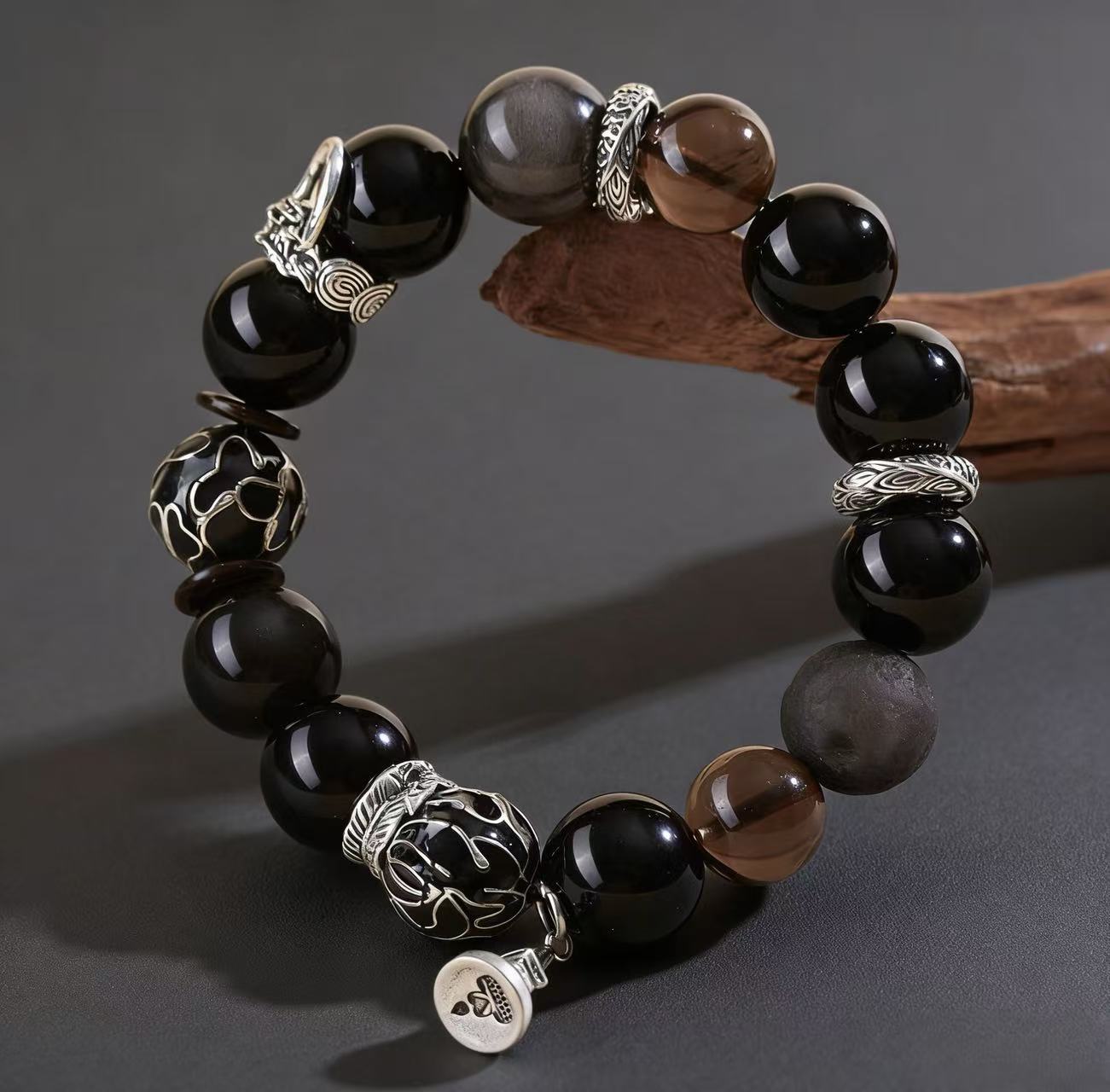 Obsidian thunder-struck wood protection bracelet grounding talisman jewelry — full bracelet coil | BuddhaManifest™