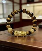Golden tiger eye Pixiu wealth bracelet Feng Shui abundance courage jewelry — macro stone texture | BuddhaManifest™