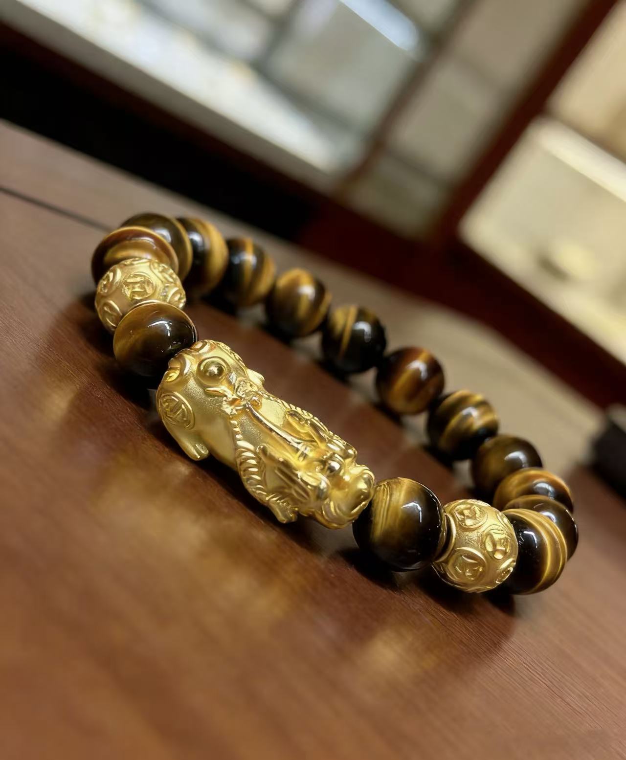 Golden tiger eye Pixiu wealth bracelet Feng Shui abundance courage jewelry — full bracelet coil | BuddhaManifest™