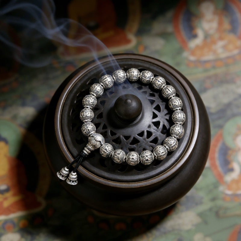 Six True Words mantra Wu Lou bracelet health protection Tibetan jewelry — flatlay front view | BuddhaManifest™ Main image