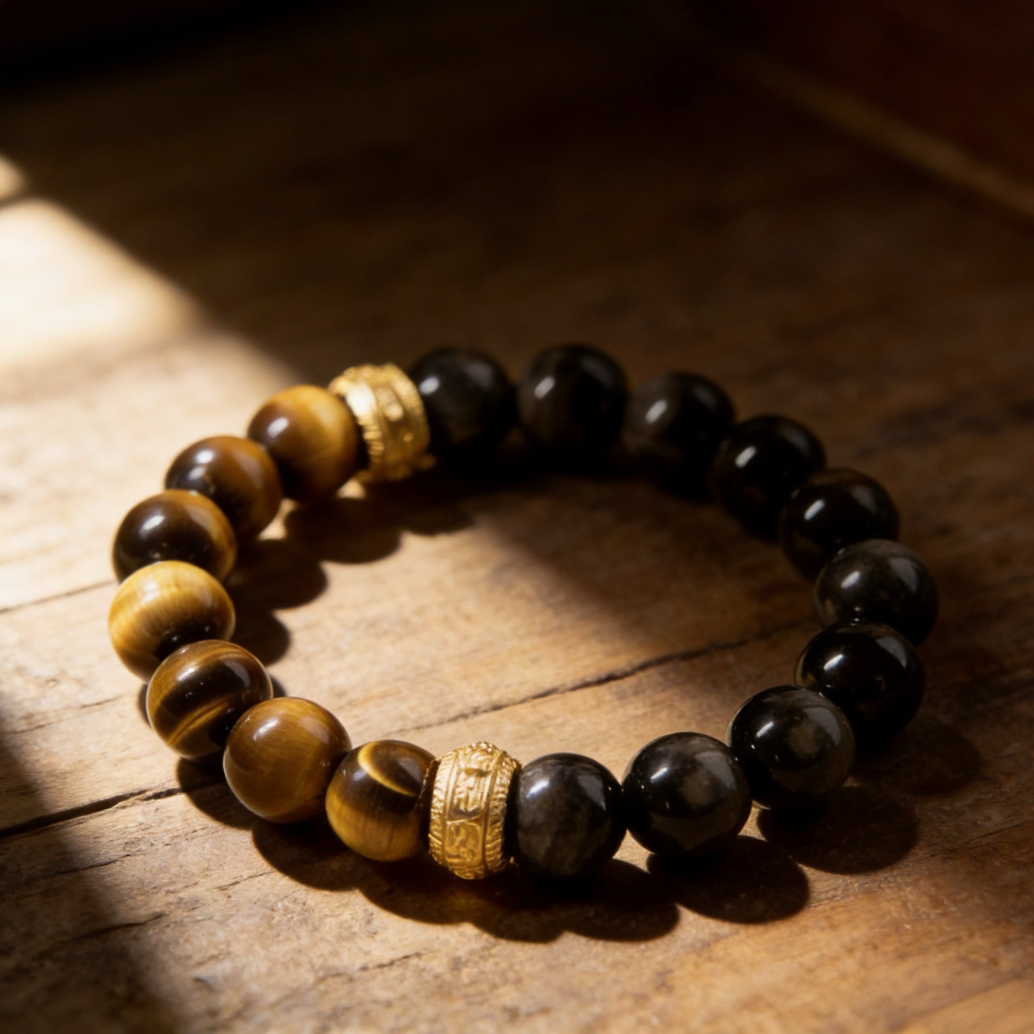 Yellow tiger eye obsidian bracelet Feng Shui courage insight protection — on-wrist lifestyle | BuddhaManifest™