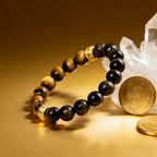 Yellow tiger eye obsidian bracelet Feng Shui courage insight protection — macro stone texture | BuddhaManifest™
