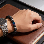 Frosted stone evil eye matte bracelet protection talisman jewelry — bead & charm detail | BuddhaManifest™