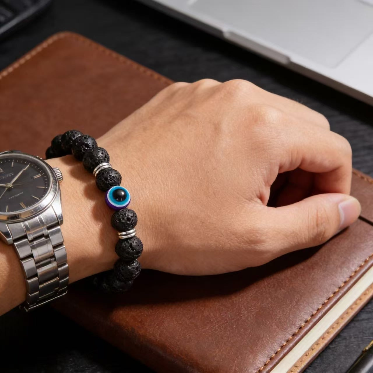 Frosted stone evil eye matte bracelet protection talisman jewelry — bead & charm detail | BuddhaManifest™