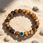 Golden tiger eye evil eye bracelet courage discernment protection — macro stone texture | BuddhaManifest™