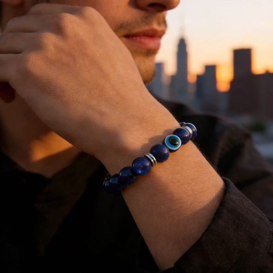 Lapis lazuli evil eye bracelet intuition truth protection stone jewelry — bead & charm detail | BuddhaManifest™