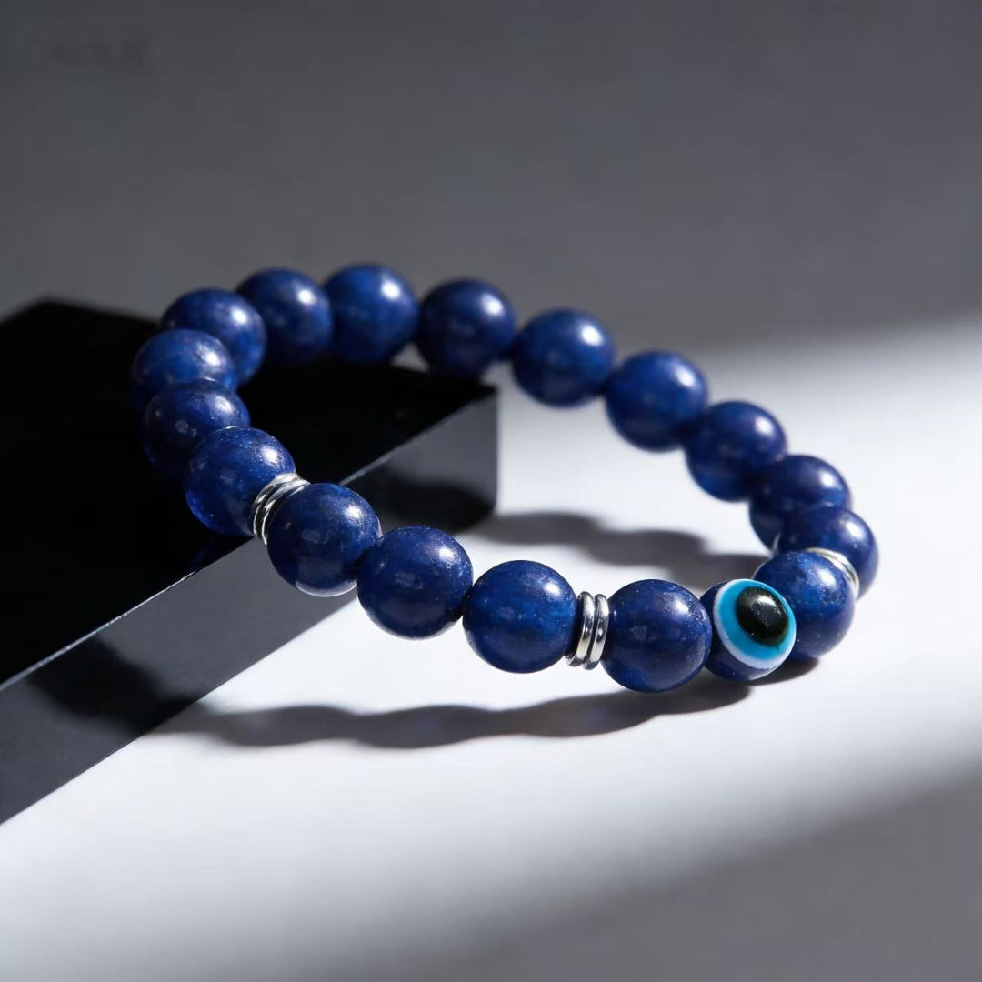 Lapis lazuli evil eye bracelet intuition truth protection stone jewelry — macro stone texture | BuddhaManifest™