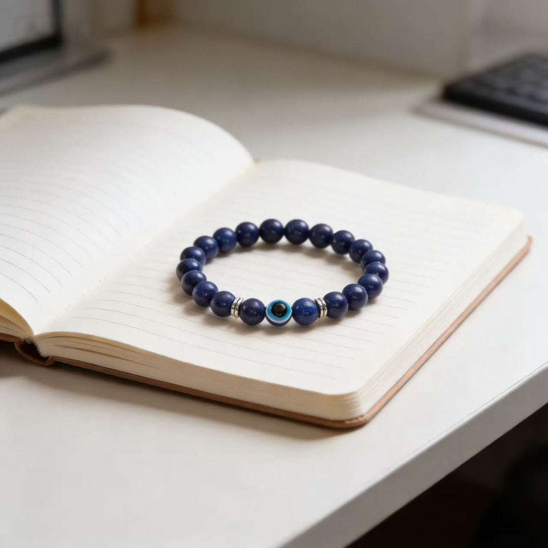 Lapis lazuli evil eye bracelet intuition truth protection stone jewelry — side angle product | BuddhaManifest™