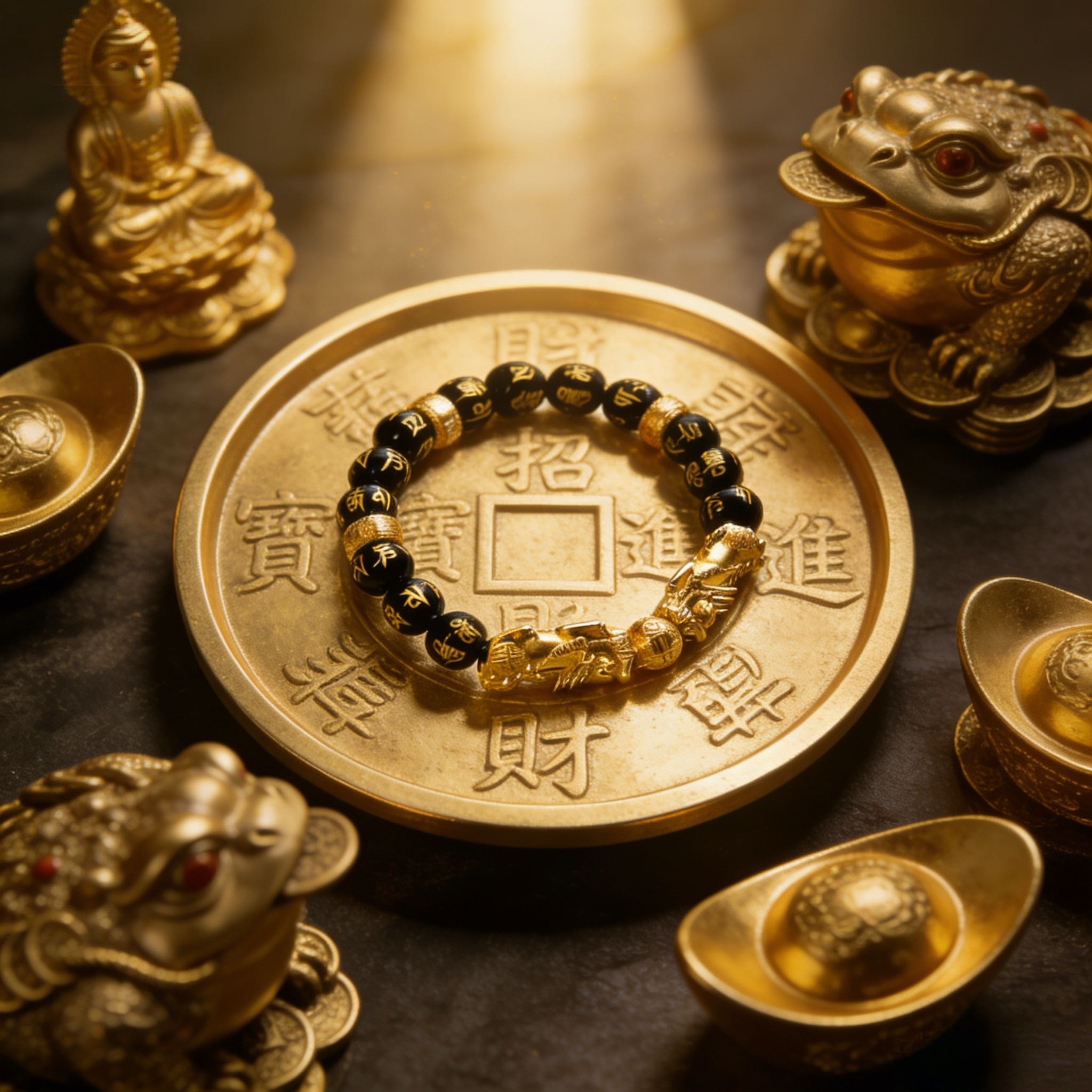 Double Pixiu obsidian Six True Words mantra wealth Feng Shui bracelet — full bracelet coil | BuddhaManifest™