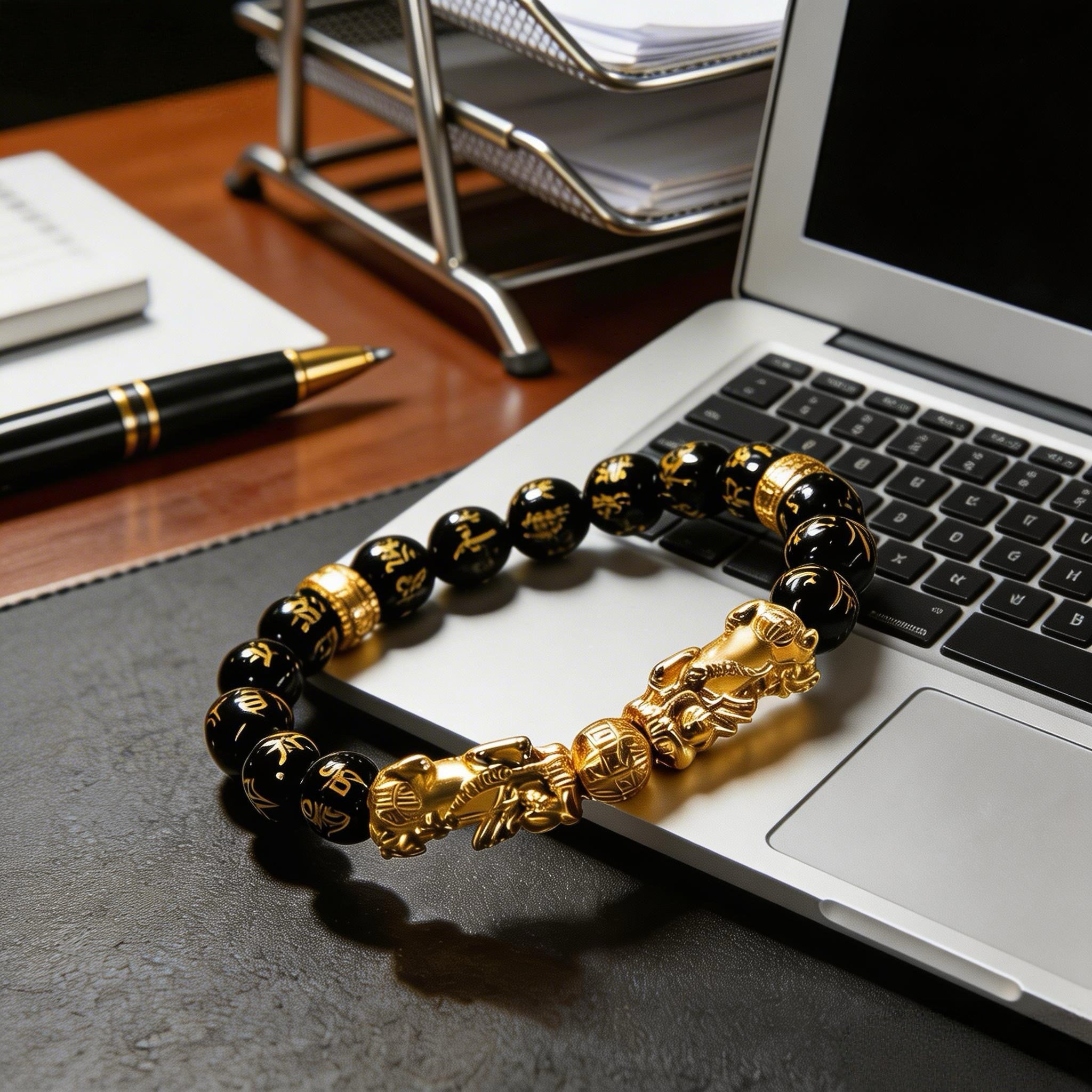 Double Pixiu obsidian Six True Words mantra wealth Feng Shui bracelet — side angle product | BuddhaManifest™