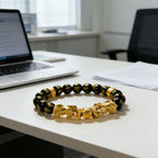 Double Pixiu obsidian Six True Words mantra wealth Feng Shui bracelet — stack styling shot | BuddhaManifest™