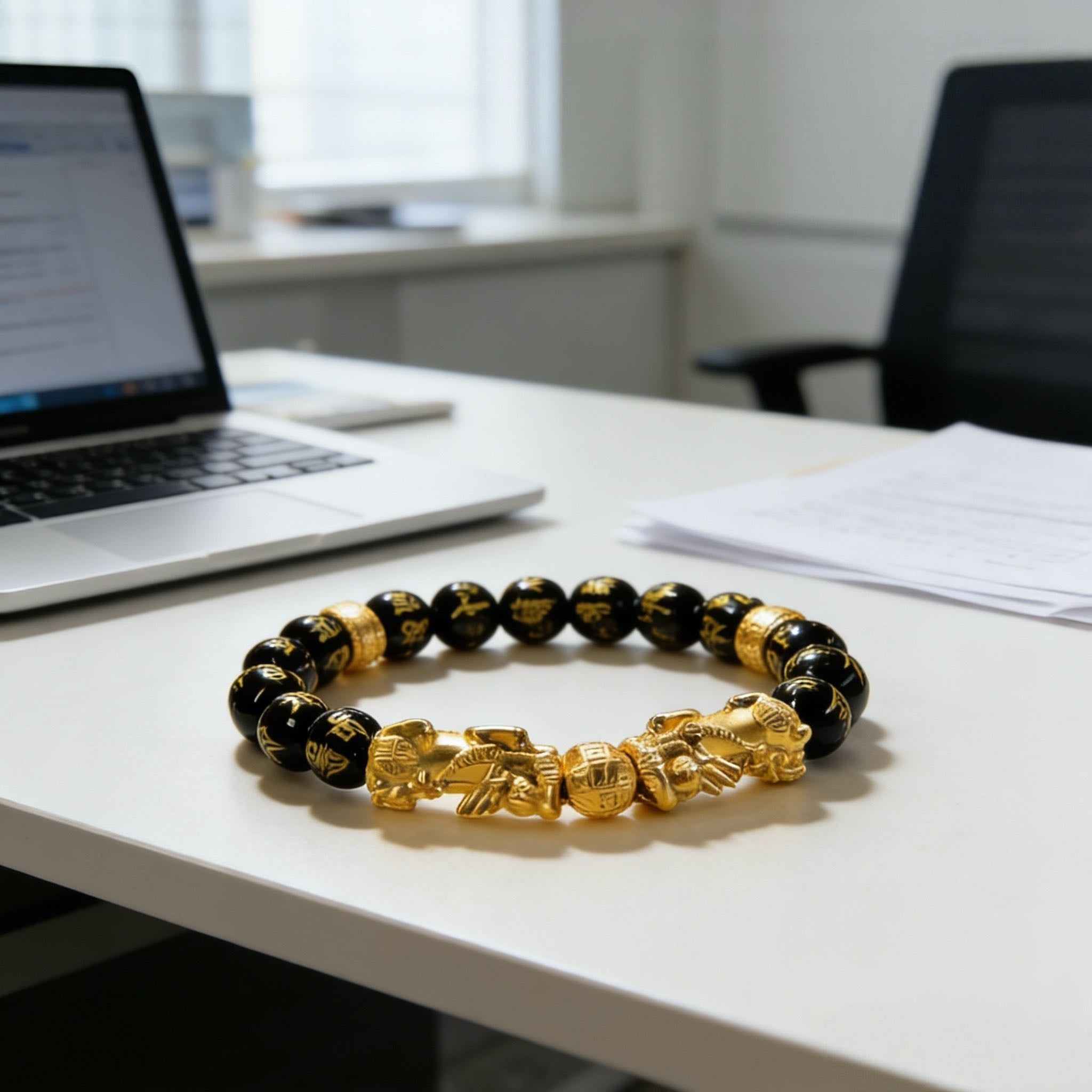 Double Pixiu obsidian Six True Words mantra wealth Feng Shui bracelet — stack styling shot | BuddhaManifest™