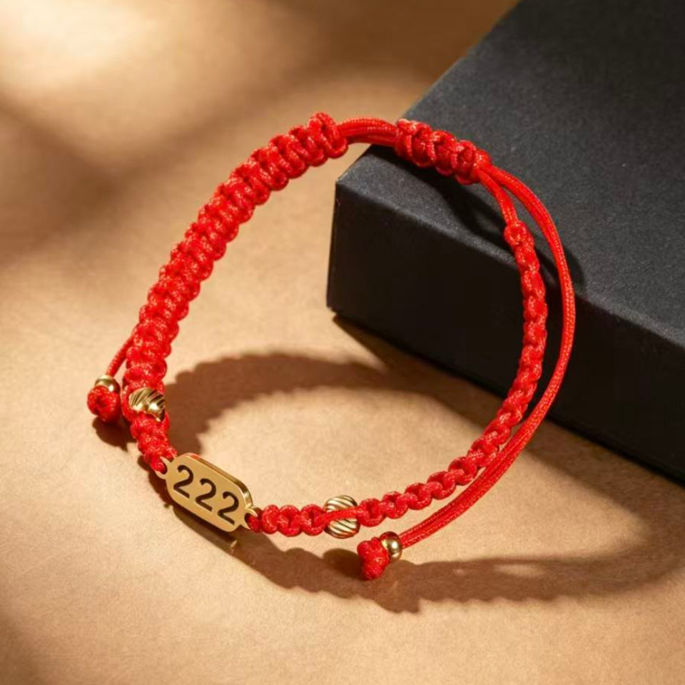 222 angel number red string bracelet balance harmony sacred cord — flatlay front view | BuddhaManifest™