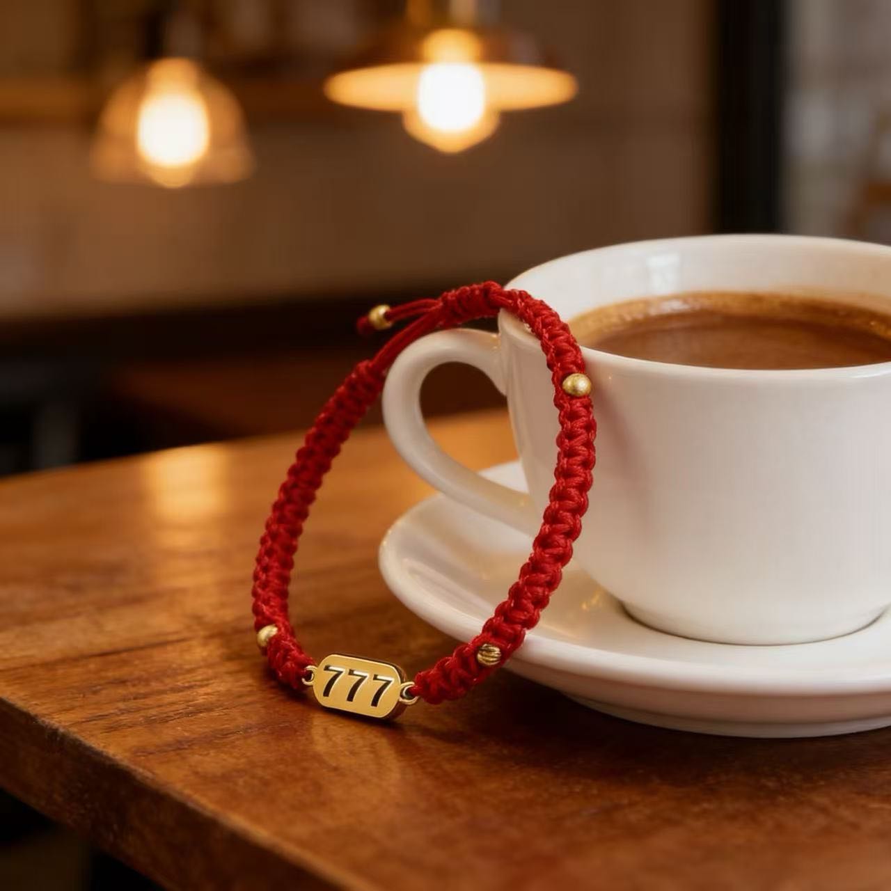 777 angel number red string bracelet alignment spiritual luck sacred cord — side angle product | BuddhaManifest™