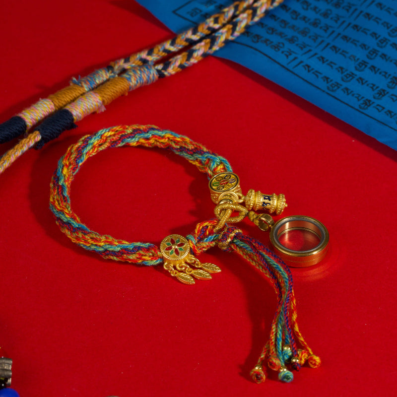 Tibetan five color rope Gau locket prayer box protection jewelry — flatlay front view | BuddhaManifest™