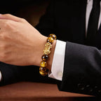 Golden tiger eye Pixiu wealth bracelet Feng Shui abundance courage jewelry — flatlay front view | BuddhaManifest™