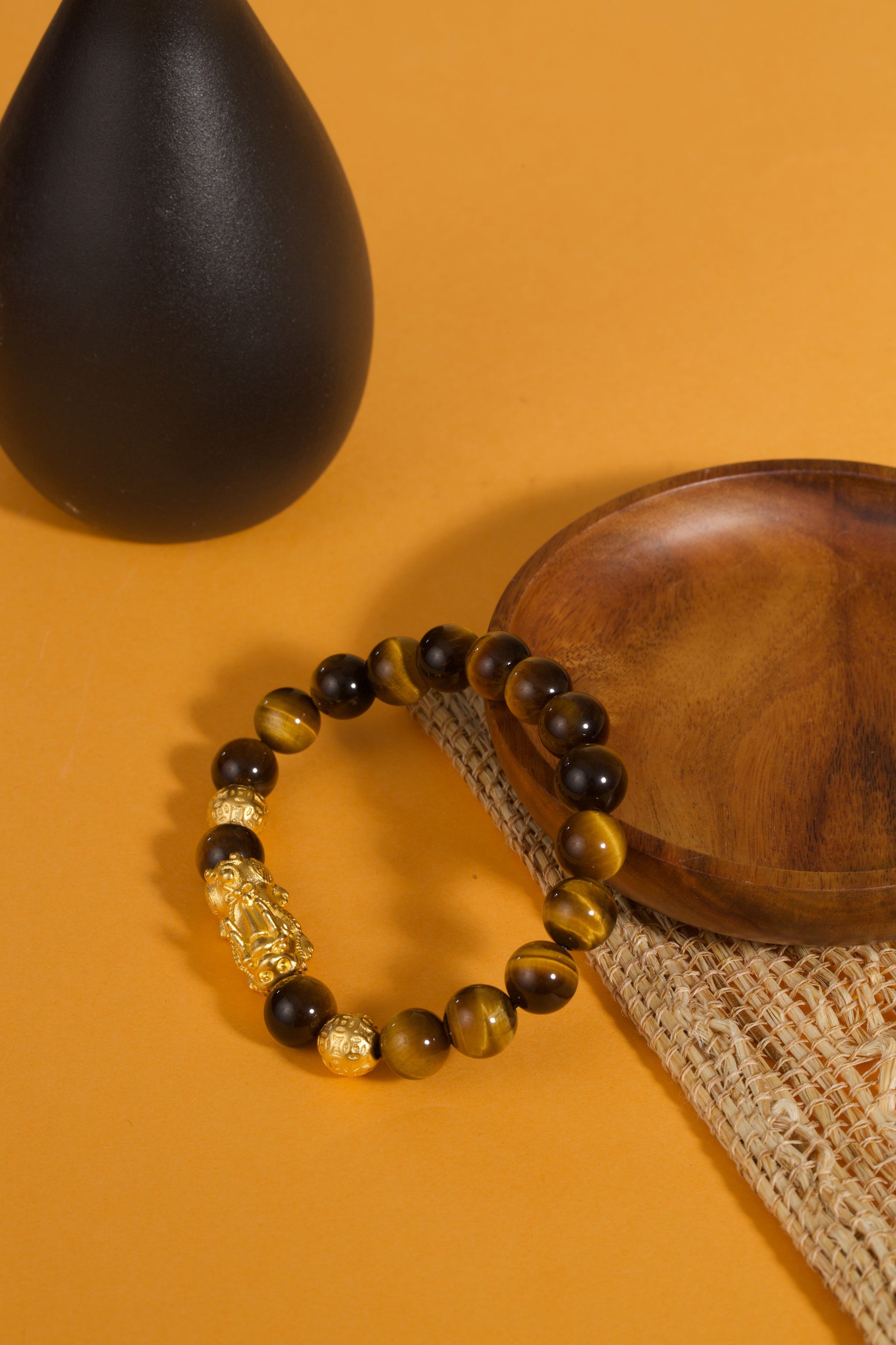 Golden tiger eye Pixiu wealth bracelet Feng Shui abundance courage jewelry — bead & charm detail | BuddhaManifest™