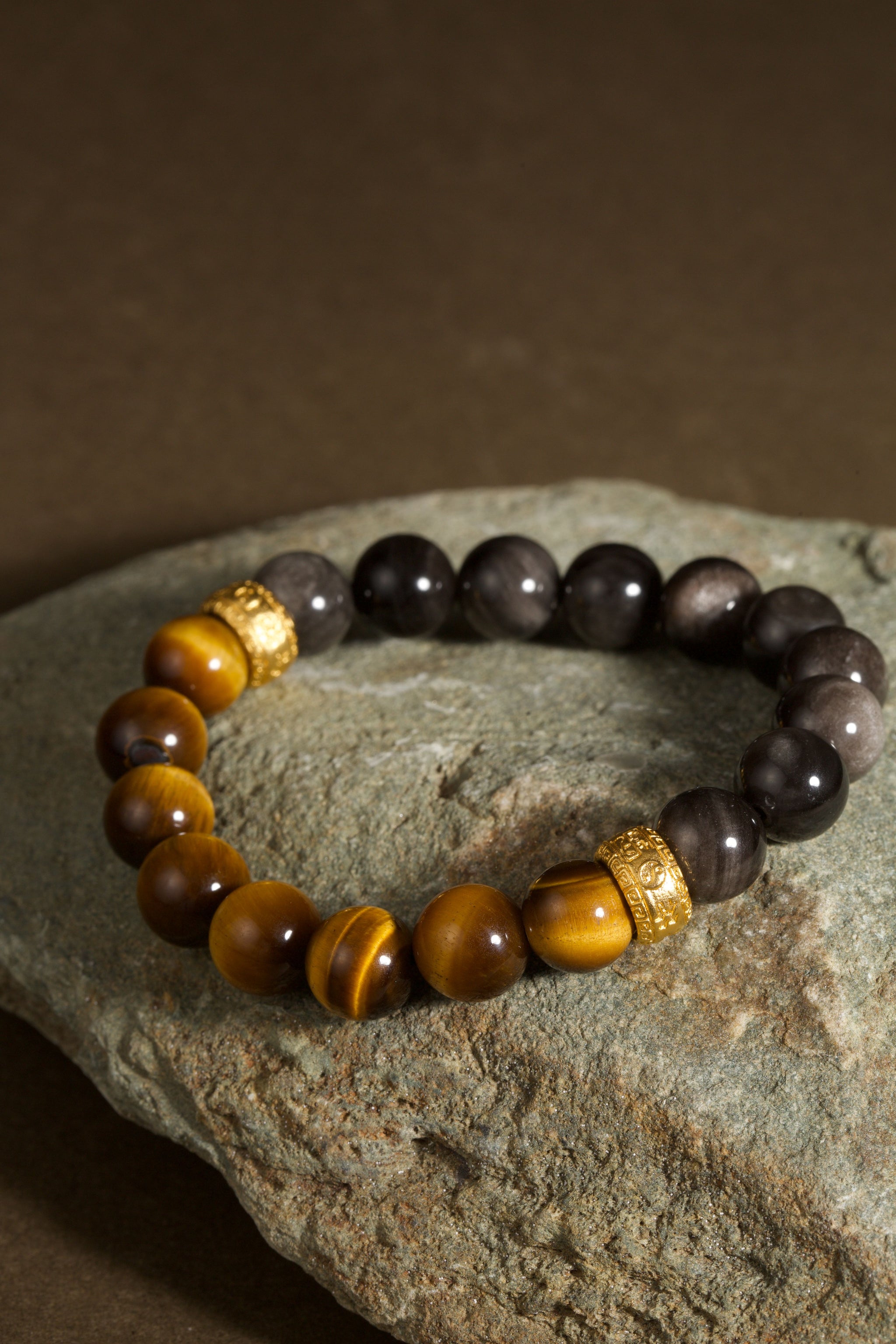 Yellow tiger eye obsidian bracelet Feng Shui courage insight protection — bead & charm detail | BuddhaManifest™