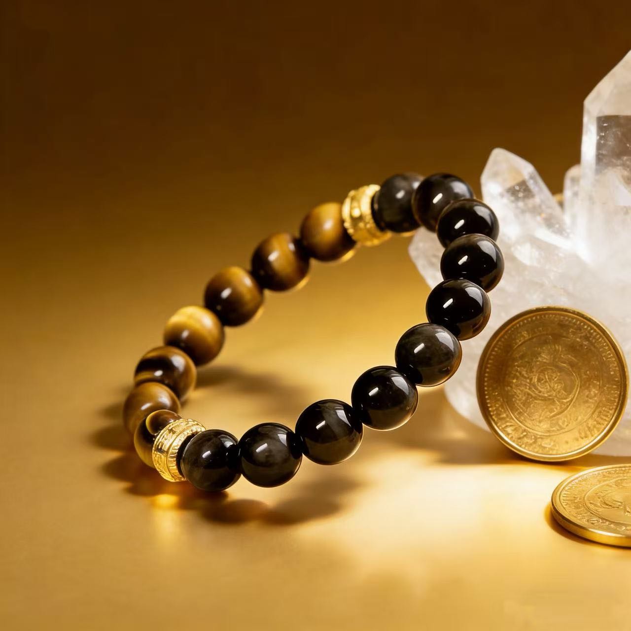 Yellow tiger eye obsidian bracelet Feng Shui courage insight protection — bead & charm detail | BuddhaManifest™