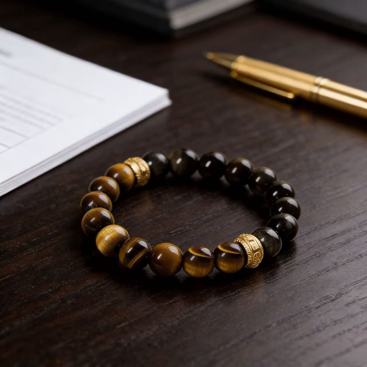Yellow tiger eye obsidian bracelet Feng Shui courage insight protection — macro stone texture | BuddhaManifest™