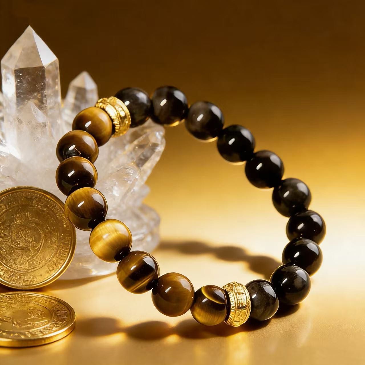 Yellow tiger eye obsidian bracelet Feng Shui courage insight protection — side angle product | BuddhaManifest™