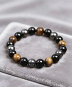 Triple protection tiger eye obsidian hematite bracelet courage shield — bead & charm detail | BuddhaManifest™