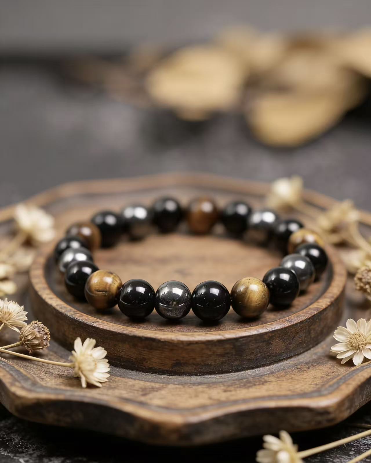 Triple protection tiger eye obsidian hematite bracelet courage shield — macro stone texture | BuddhaManifest™