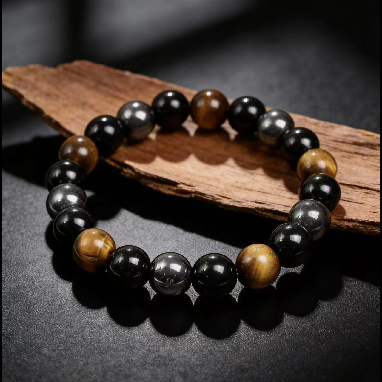 Obsidian tiger eye magnetite triple protection bracelet spiritual jewelry — bead & charm detail | BuddhaManifest™