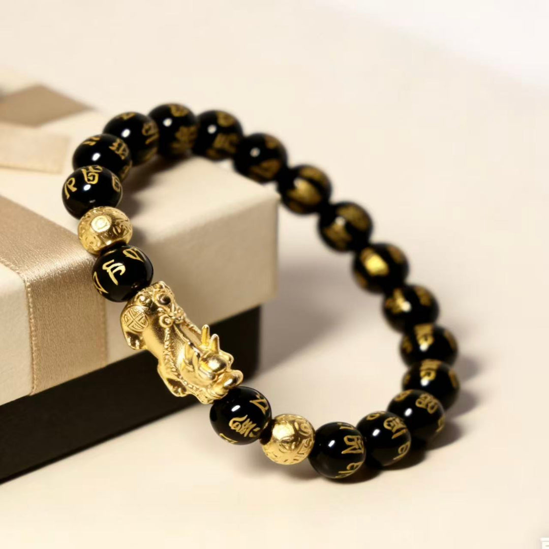 Black obsidian Pixiu Six True Words mantra wealth protection bracelet — full bracelet coil | BuddhaManifest™