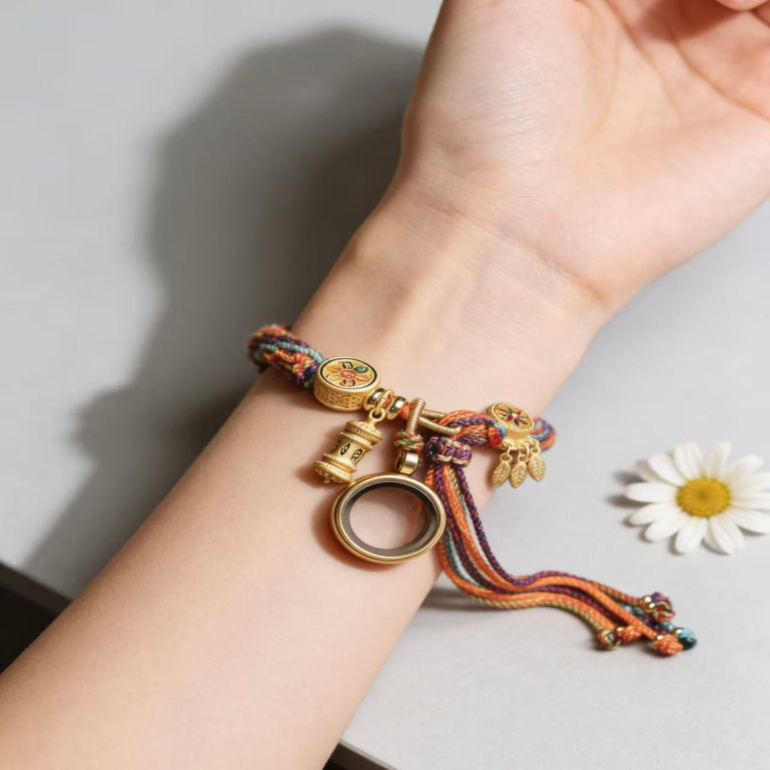 Tibetan five color rope Gau locket prayer box protection jewelry — stack styling shot | BuddhaManifest™