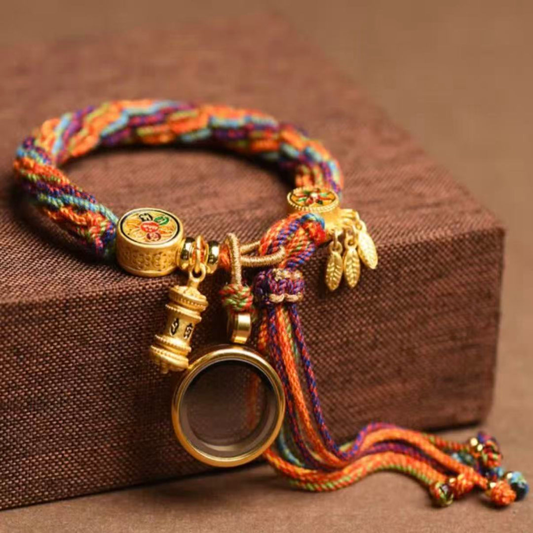 Tibetan five color rope Gau locket prayer box protection jewelry — bead & charm detail | BuddhaManifest™