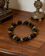 Triple protection tiger eye obsidian hematite bracelet courage shield — macro stone texture | BuddhaManifest™