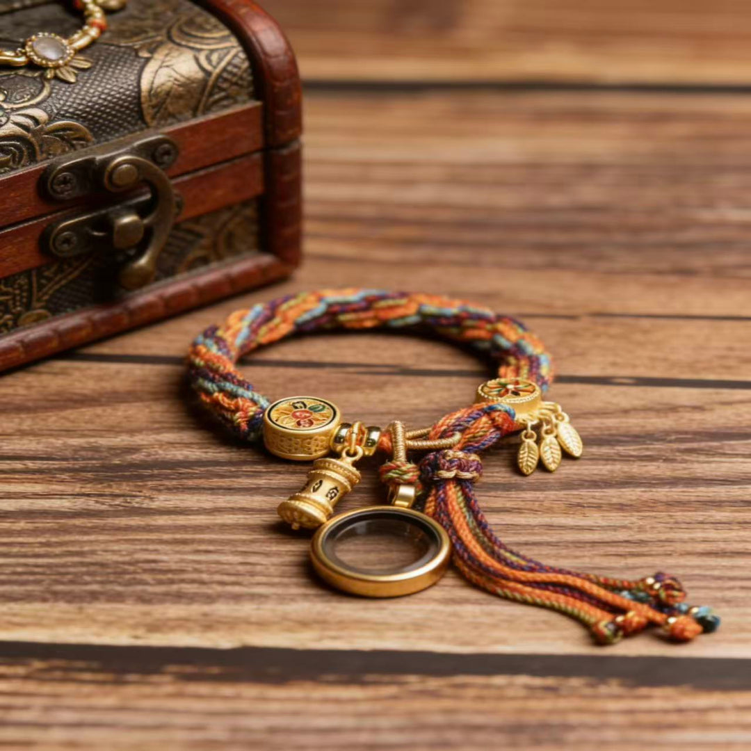 Tibetan five color rope Gau locket prayer box protection jewelry — side angle product | BuddhaManifest™