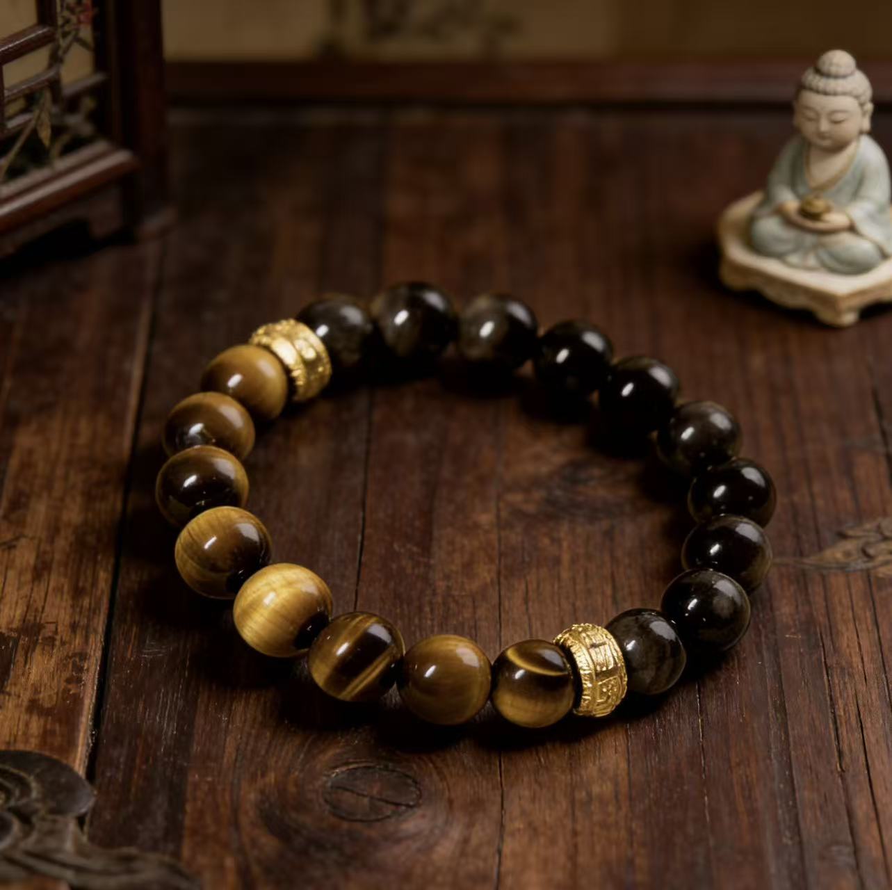 Yellow tiger eye obsidian bracelet Feng Shui courage insight protection — flatlay front view | BuddhaManifest™
