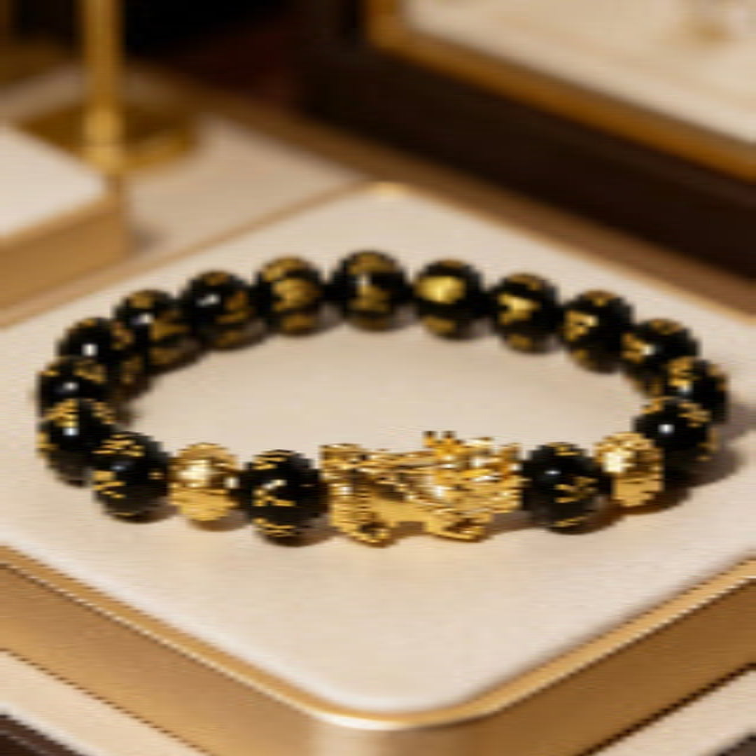Black obsidian Pixiu Six True Words mantra wealth protection bracelet — side angle product | BuddhaManifest™