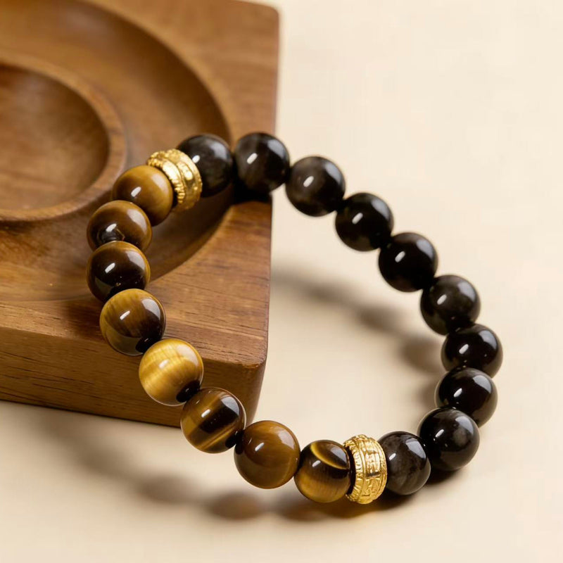 Yellow tiger eye obsidian bracelet Feng Shui courage insight protection — flatlay front view | BuddhaManifest™ Main image