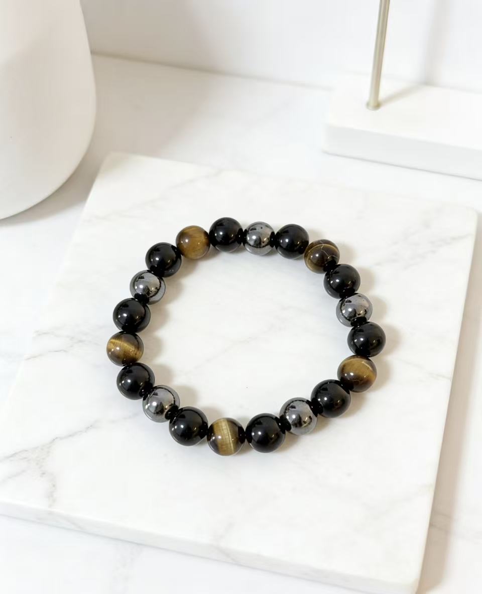 Triple protection tiger eye obsidian hematite bracelet courage shield — close-up hardware | BuddhaManifest™