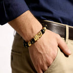 Black obsidian Pixiu Six True Words mantra wealth protection bracelet — stack styling shot | BuddhaManifest™