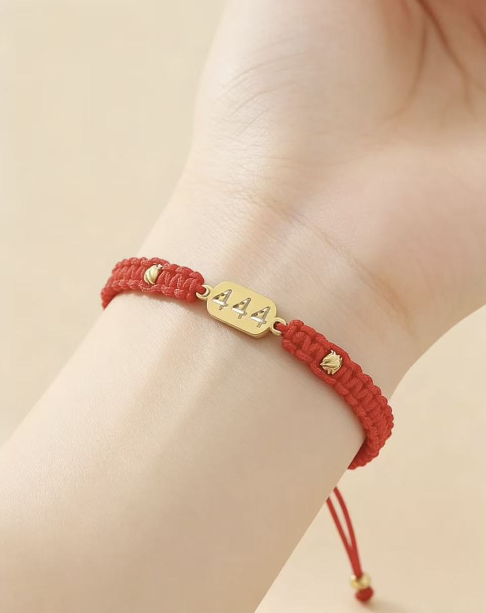 444 angel number red string bracelet divine protection grounding cord — side angle product | BuddhaManifest™